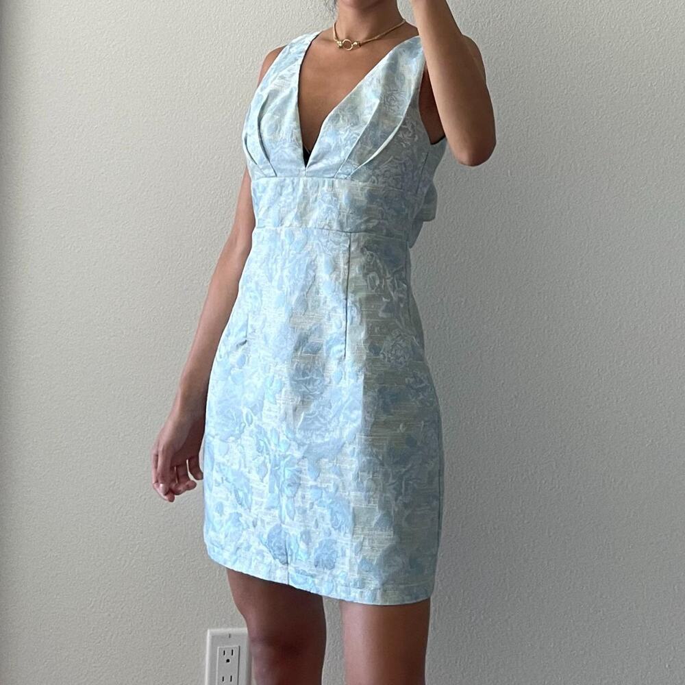 Blue Floral V Neck Dress